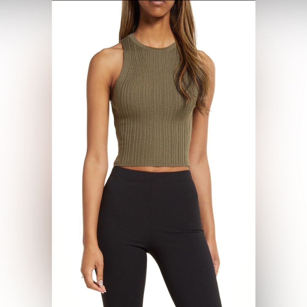 Topshop Crop Sleeveless Fine Gauge Sweater in Khaki (M)